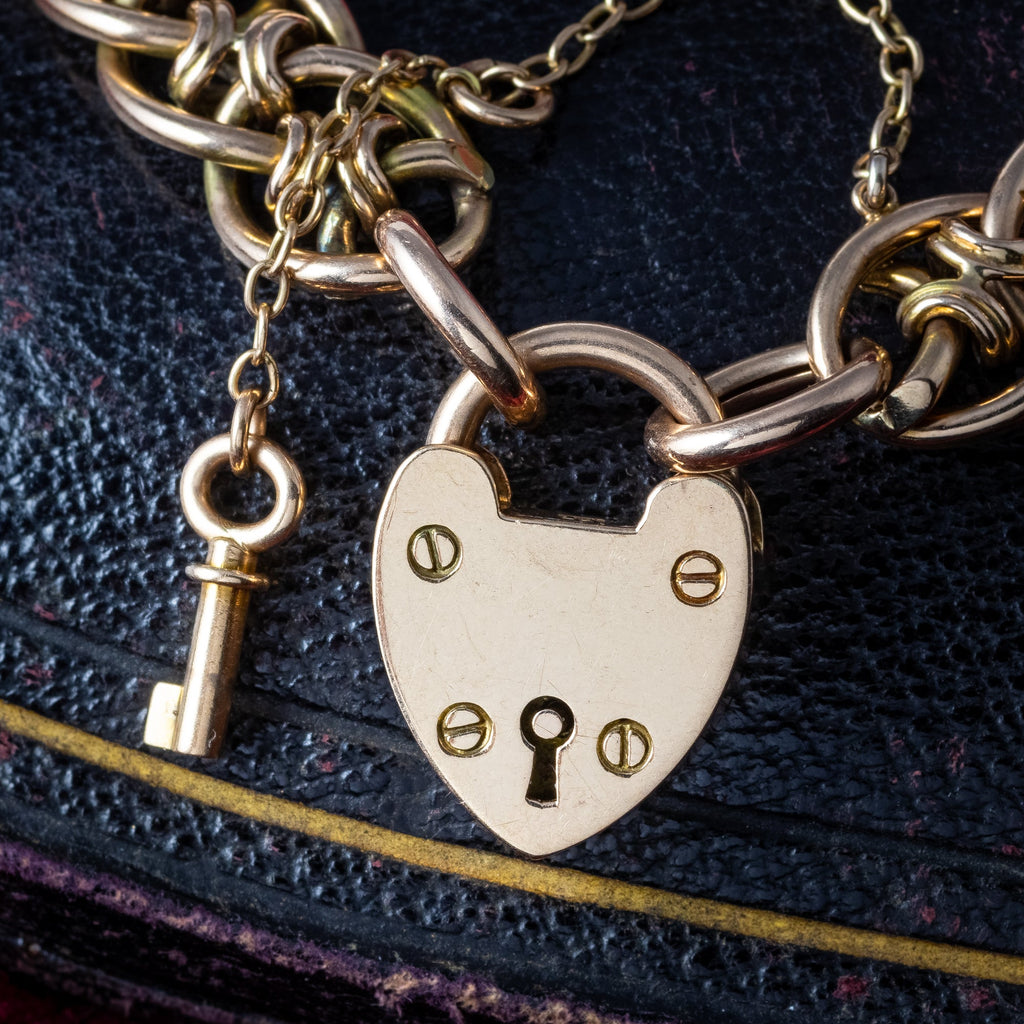 Antique Victorian Heart Lock And Key Bracelet 15ct Gold