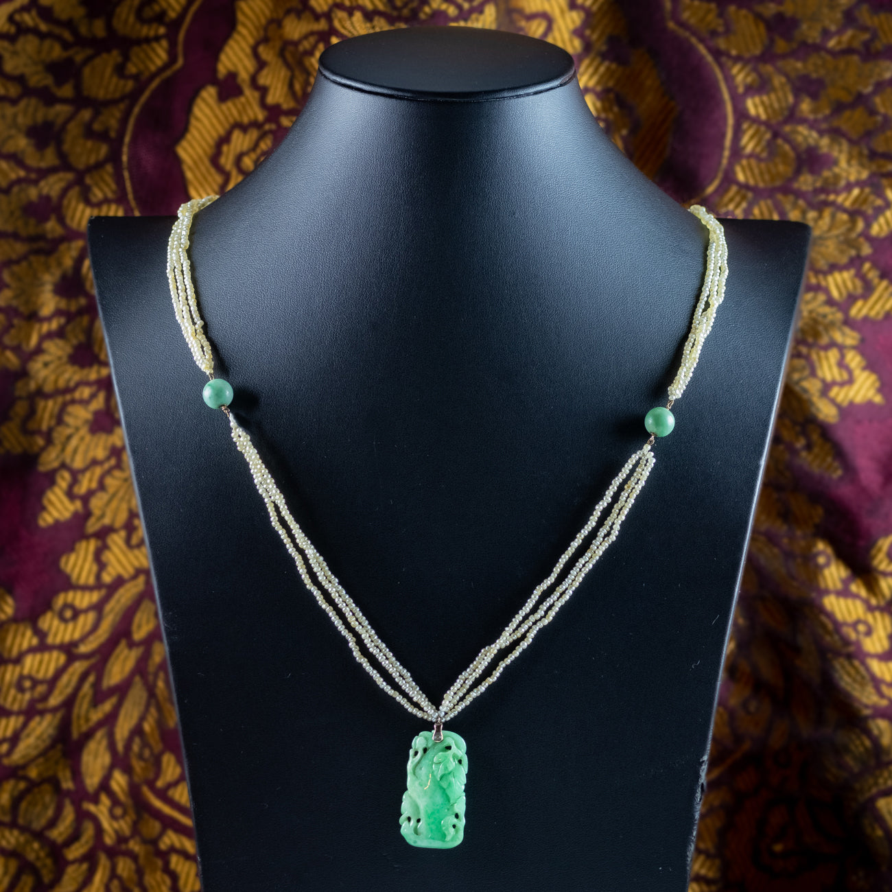 Antique Victorian Jade Pearl Necklace With Floral Jadeite Pendant Secondary image