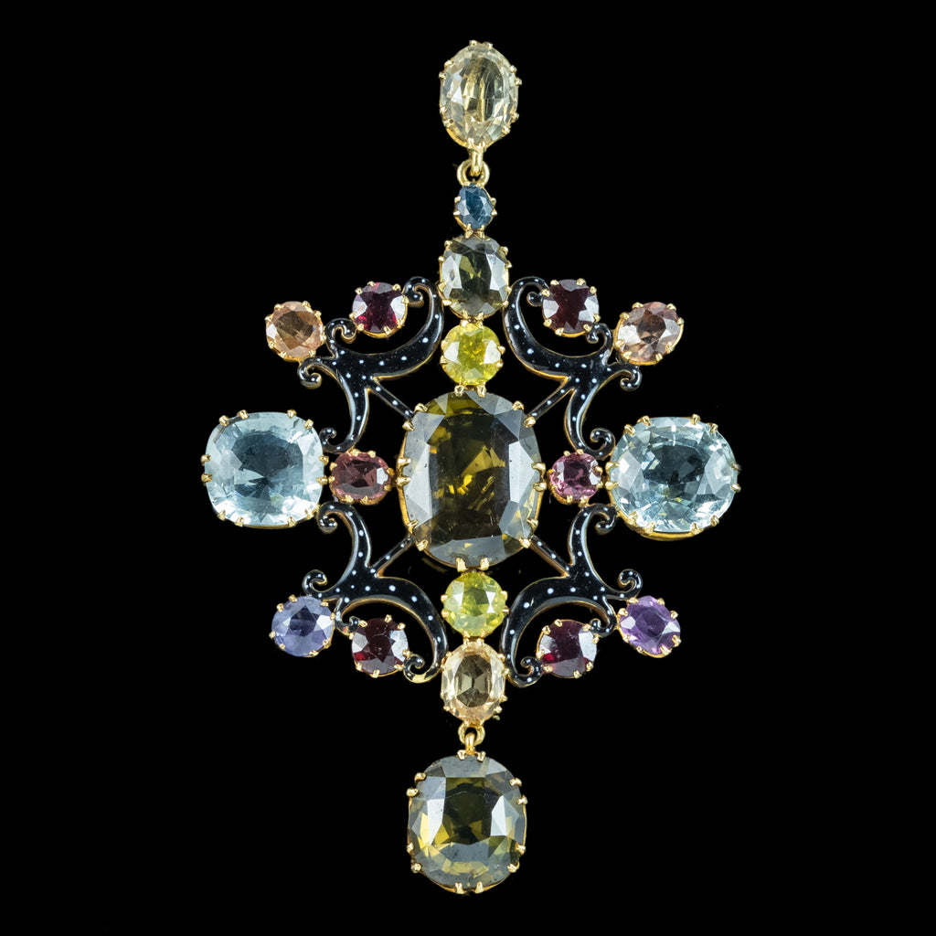 Antique Victorian Large Multi-Gemstone Harlequin Pendant With Box