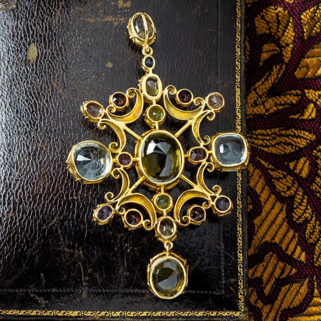 Antique Victorian Large Multi-Gemstone Harlequin Pendant With Box