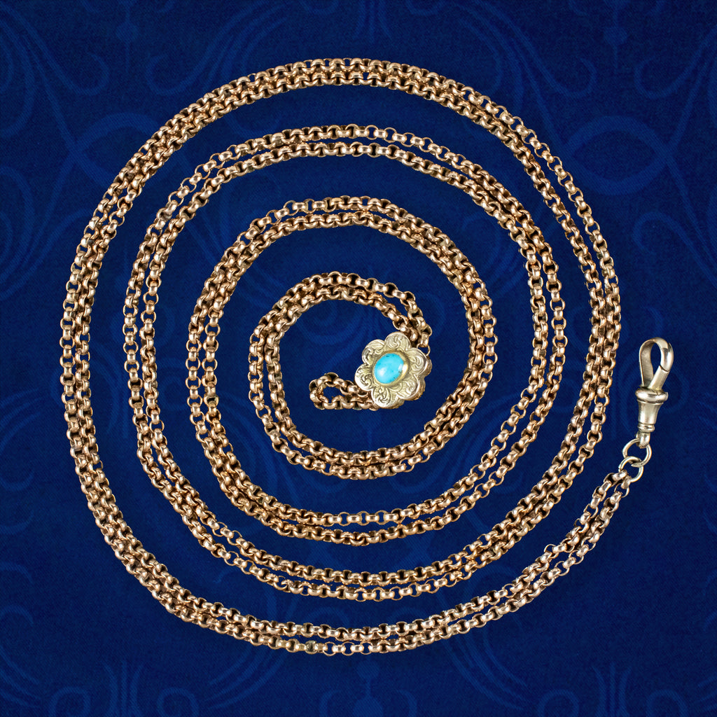 Antique Victorian Long Guard Chain 9ct Gold Turquoise Slider 