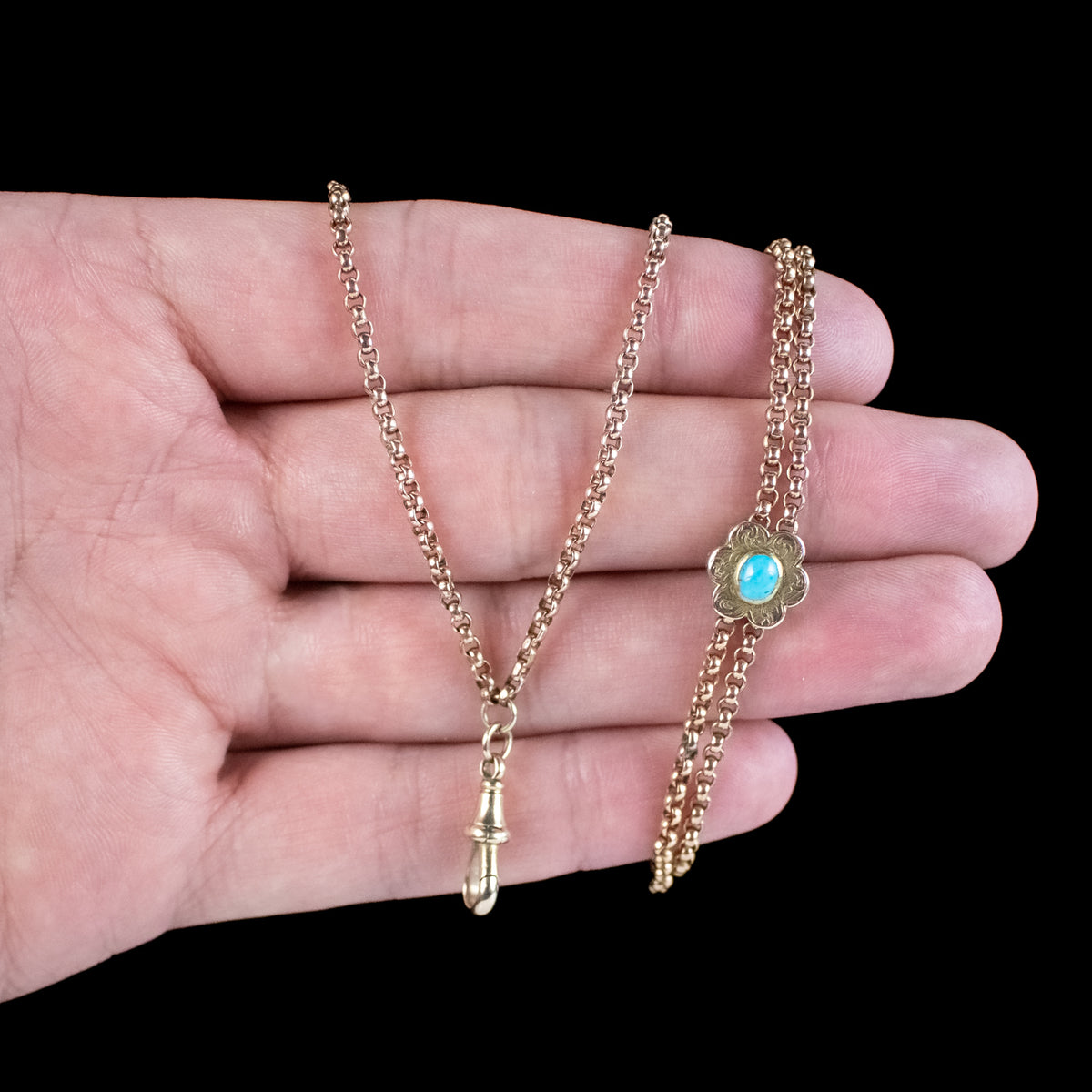 Antique Victorian Long Guard Chain 9ct Gold Turquoise Slider 