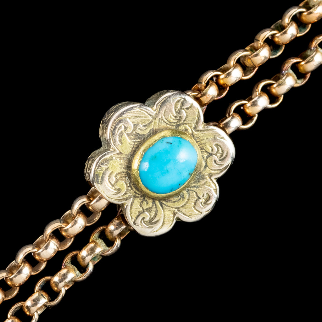 Antique Victorian Long Guard Chain 9ct Gold Turquoise Slider 