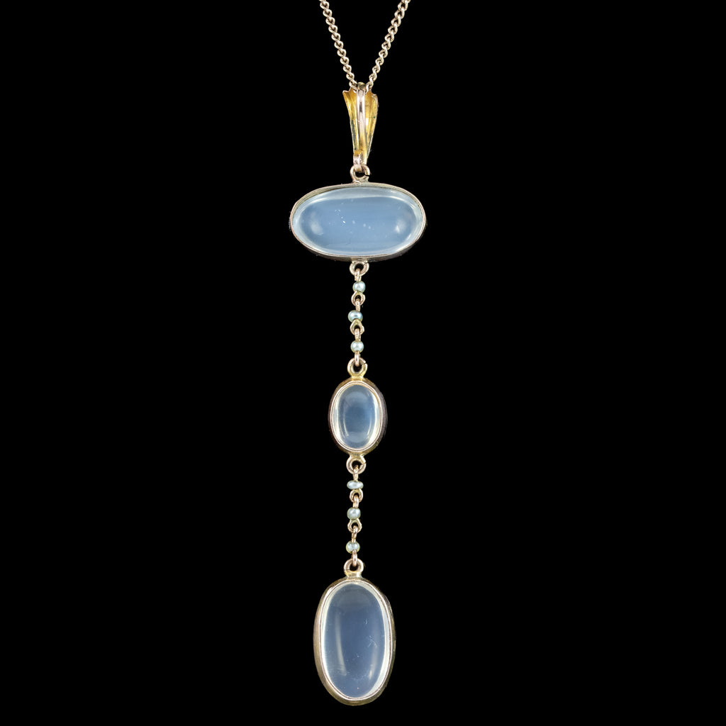 Antique Victorian Moonstone Pearl Drop Pendant Necklace 