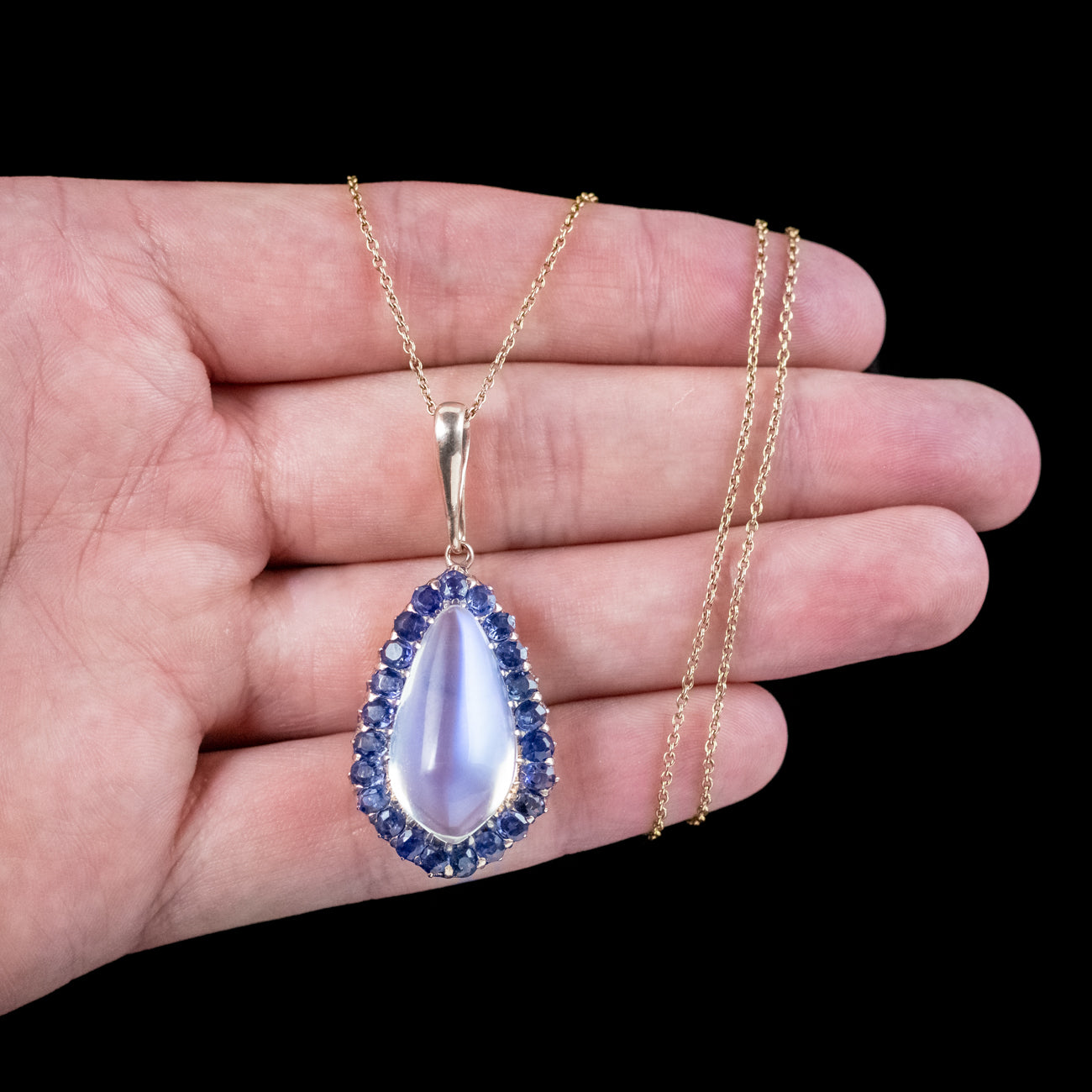 Antique Victorian Moonstone Sapphire Pendant Necklace 15ct Moonstone 