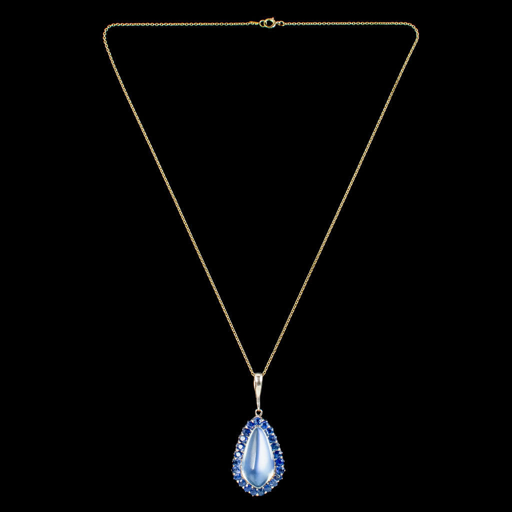 Antique Victorian Moonstone Sapphire Pendant Necklace 15ct Moonstone 