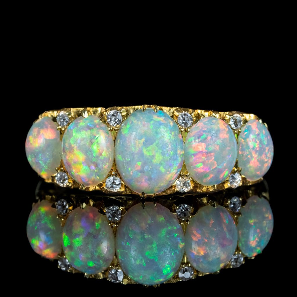 Antique Victorian Natural Opal Diamond Five Stone Ring