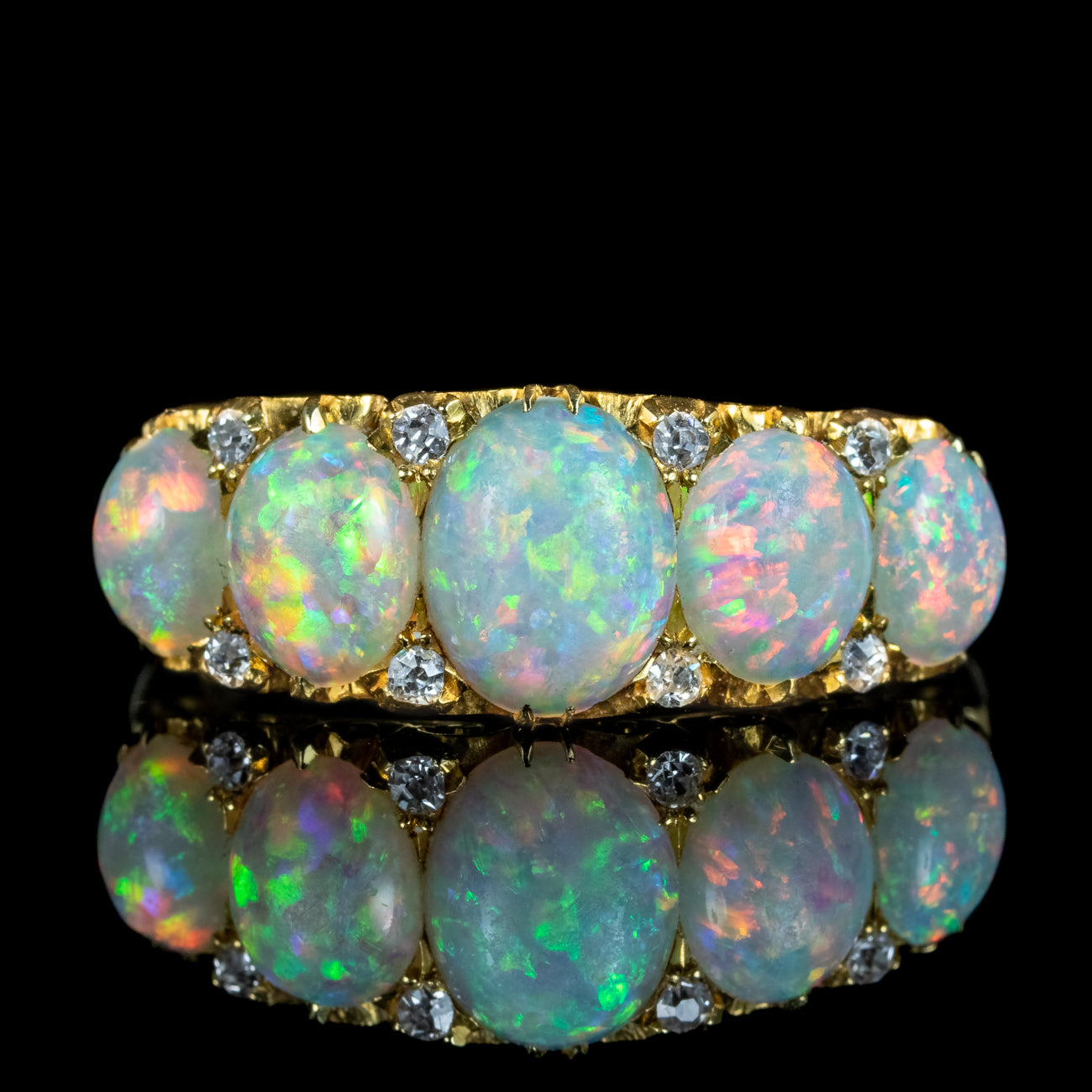 Antique Victorian Natural Opal Diamond Five Stone Ring