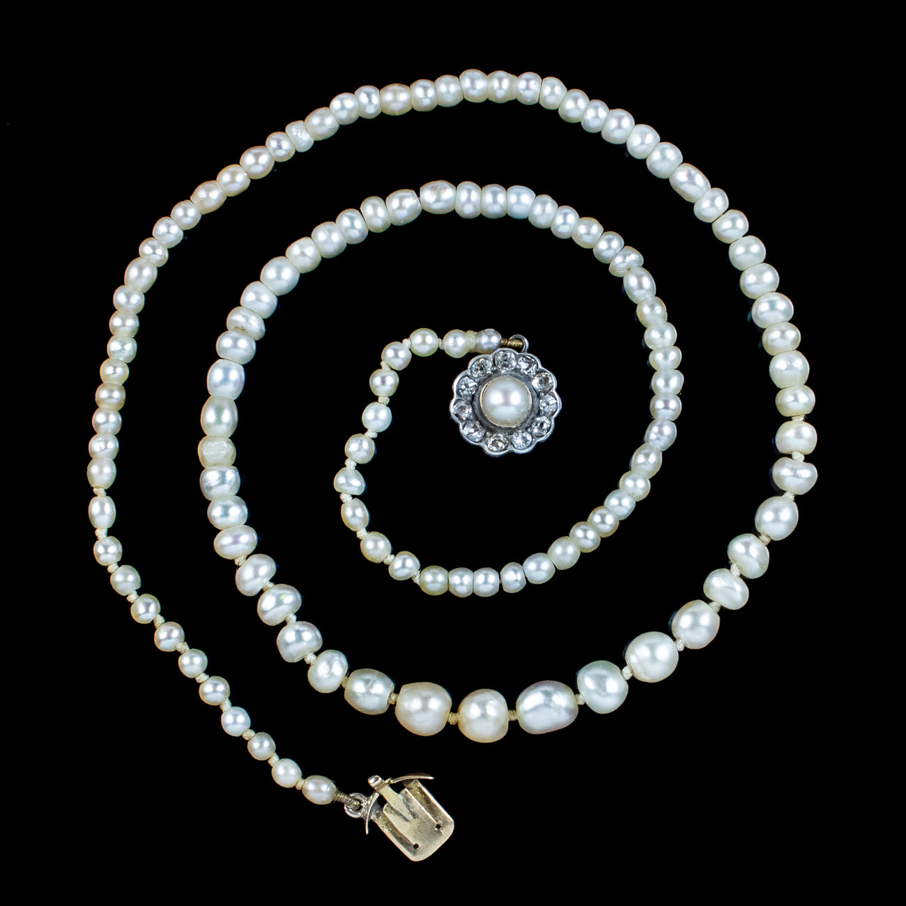 Antique Victorian Natural Baroque Pearl Necklace Diamond Flower Clasp Secondary image