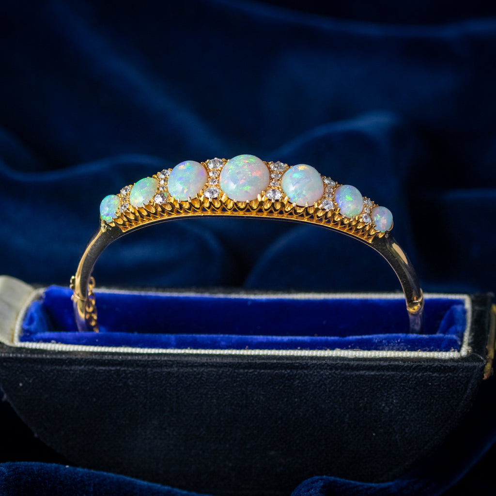 Antique Victorian Opal Diamond Bangle 18ct Gold 7.3ct Of Opal