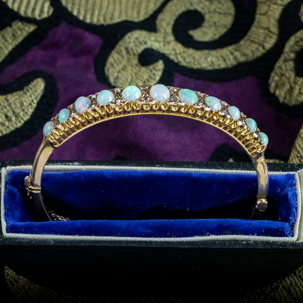 Antique Victorian Opal Diamond Bangle 15ct Gold