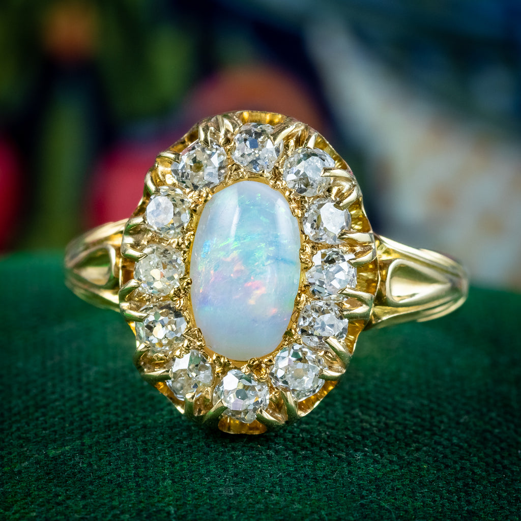 Antique Victorian Opal Diamond Cluster Ring 1ct Natural Opal