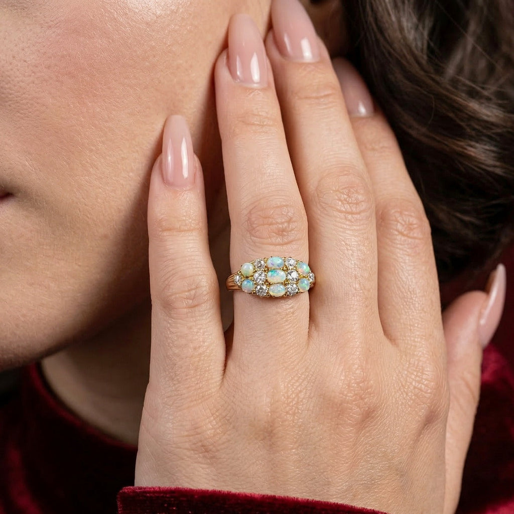 Antique Victorian Opal Diamond Cluster Ring 