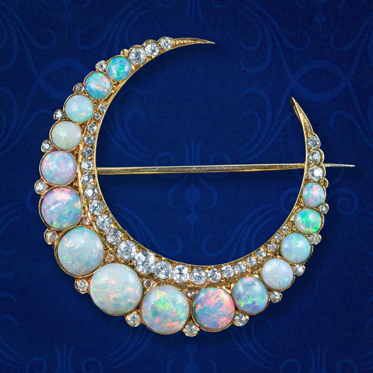 Antique Victorian Opal Diamond Crescent Moon Brooch 15ct Gold Main image