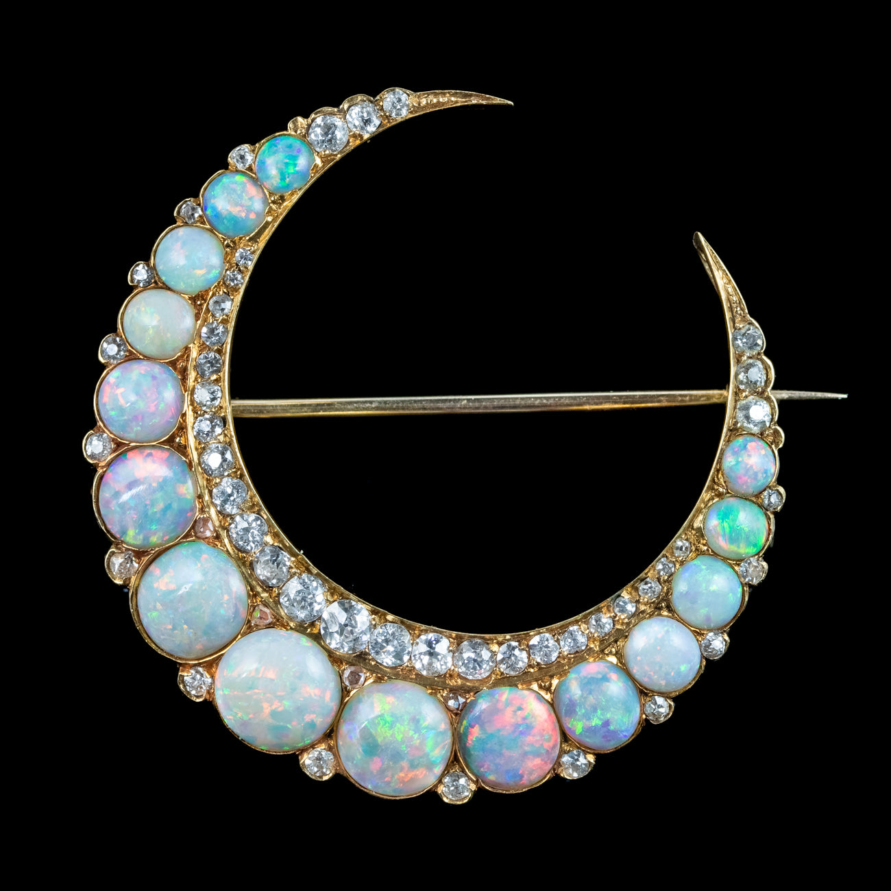 Antique Victorian Opal Diamond Crescent Moon Brooch 15ct Gold Secondary image