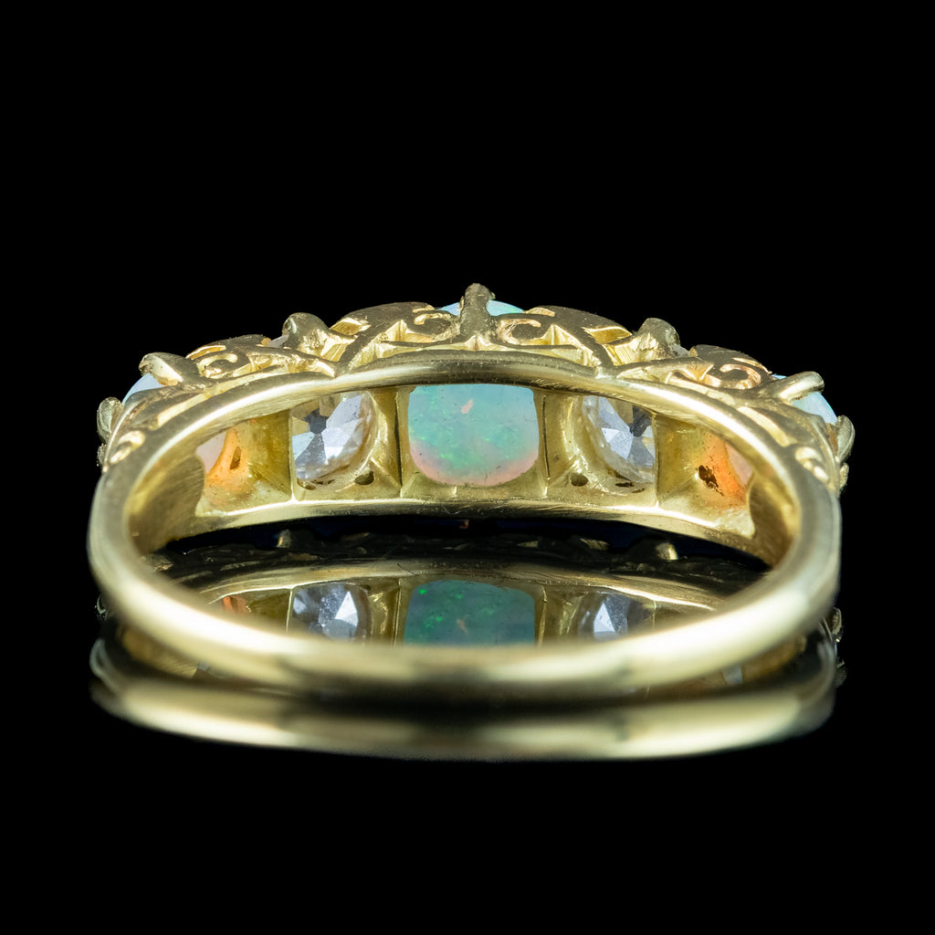 Antique Victorian Opal Diamond Five Stone Ring 1.1ct Of Opal