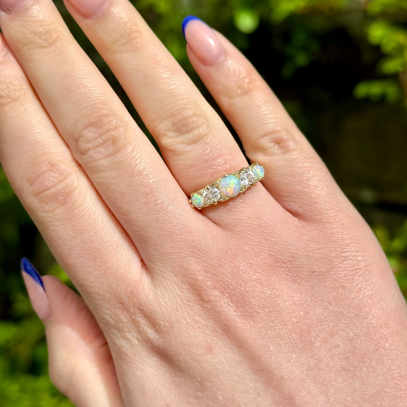 Antique Victorian Opal Diamond Five Stone Ring 1.1ct Of Opal