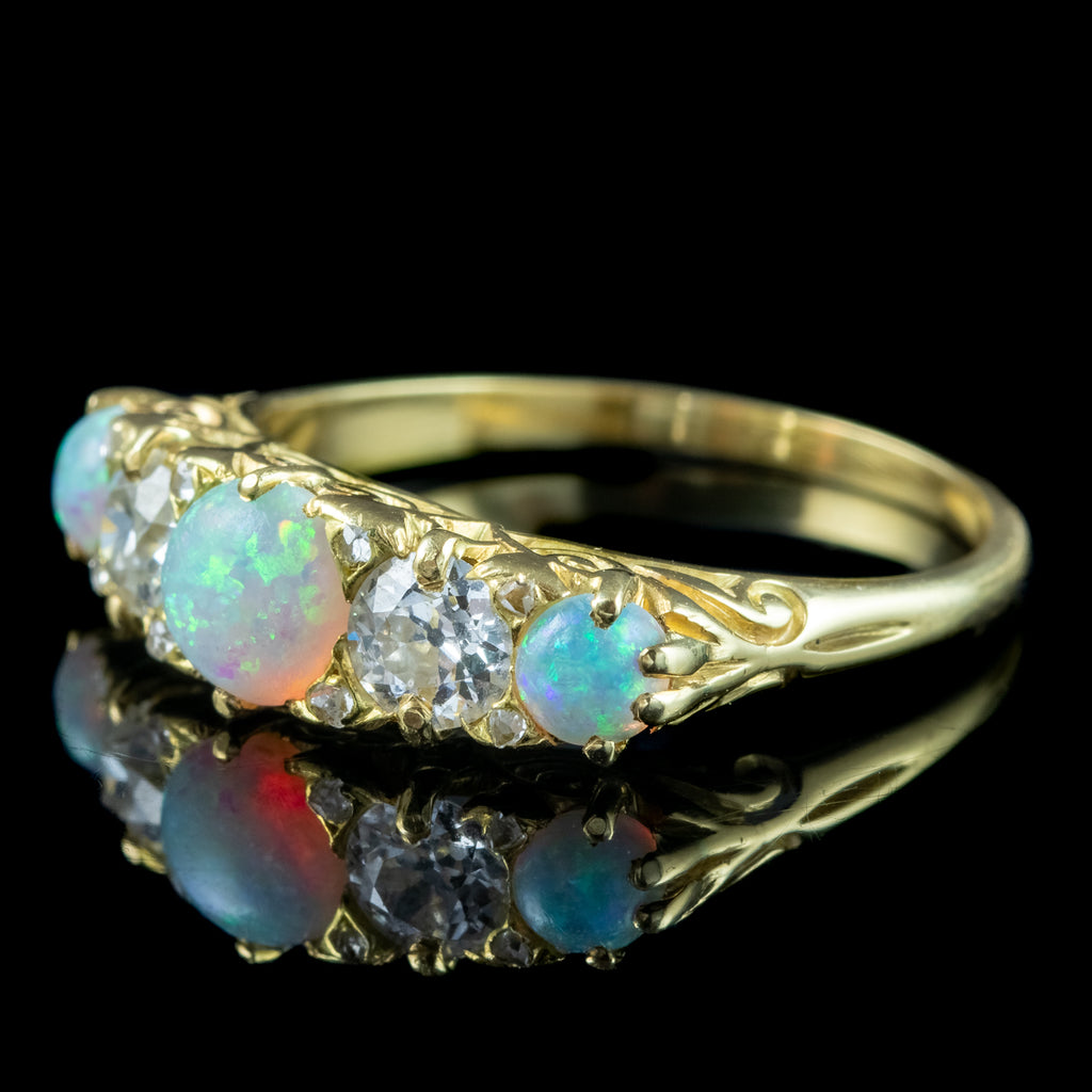 Antique Victorian Opal Diamond Five Stone Ring 1.1ct Of Opal