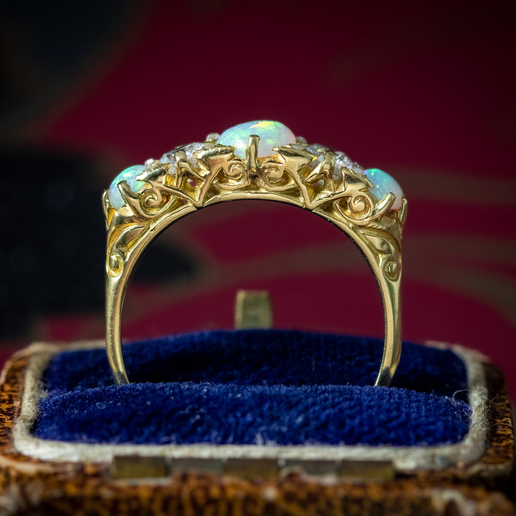 Antique Victorian Opal Diamond Five Stone Ring 1.1ct Of Opal