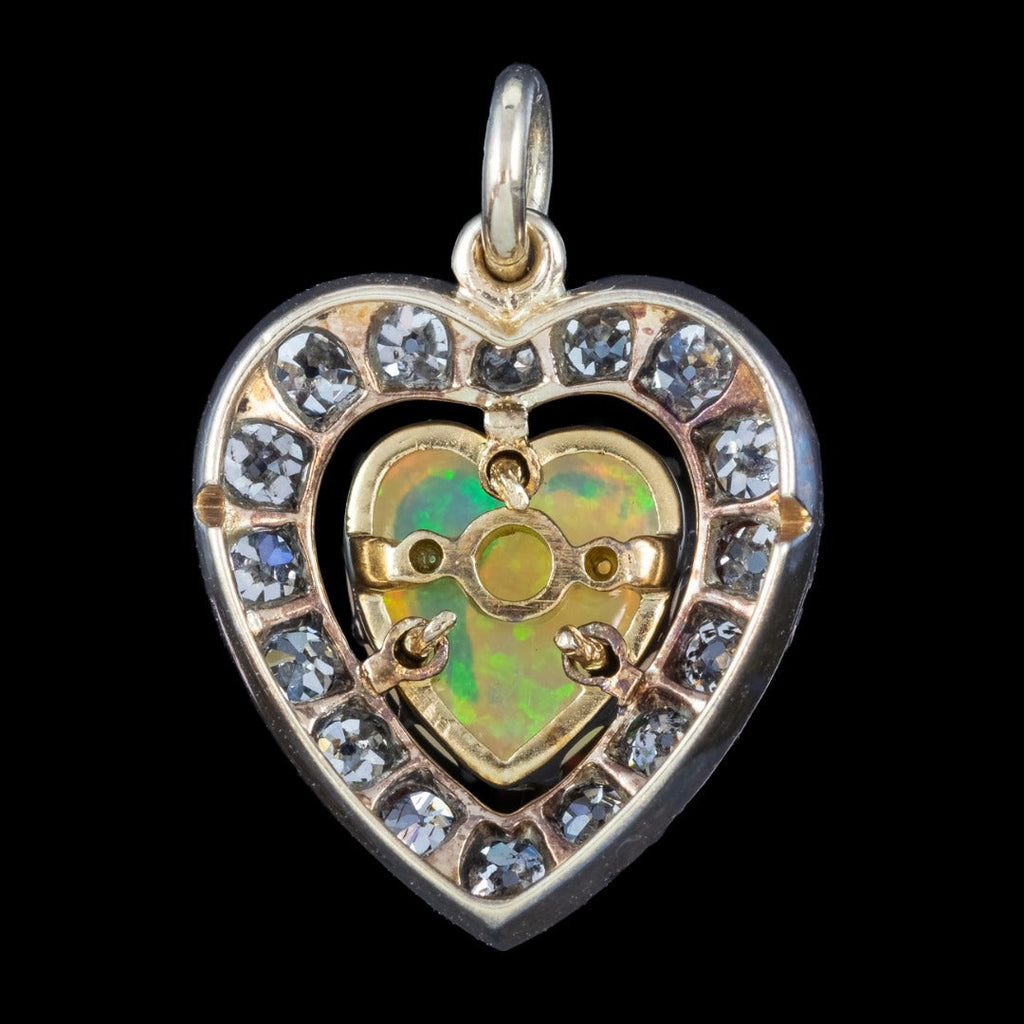Antique Victorian Opal Diamond Heart Pendant 2ct Natural Opal