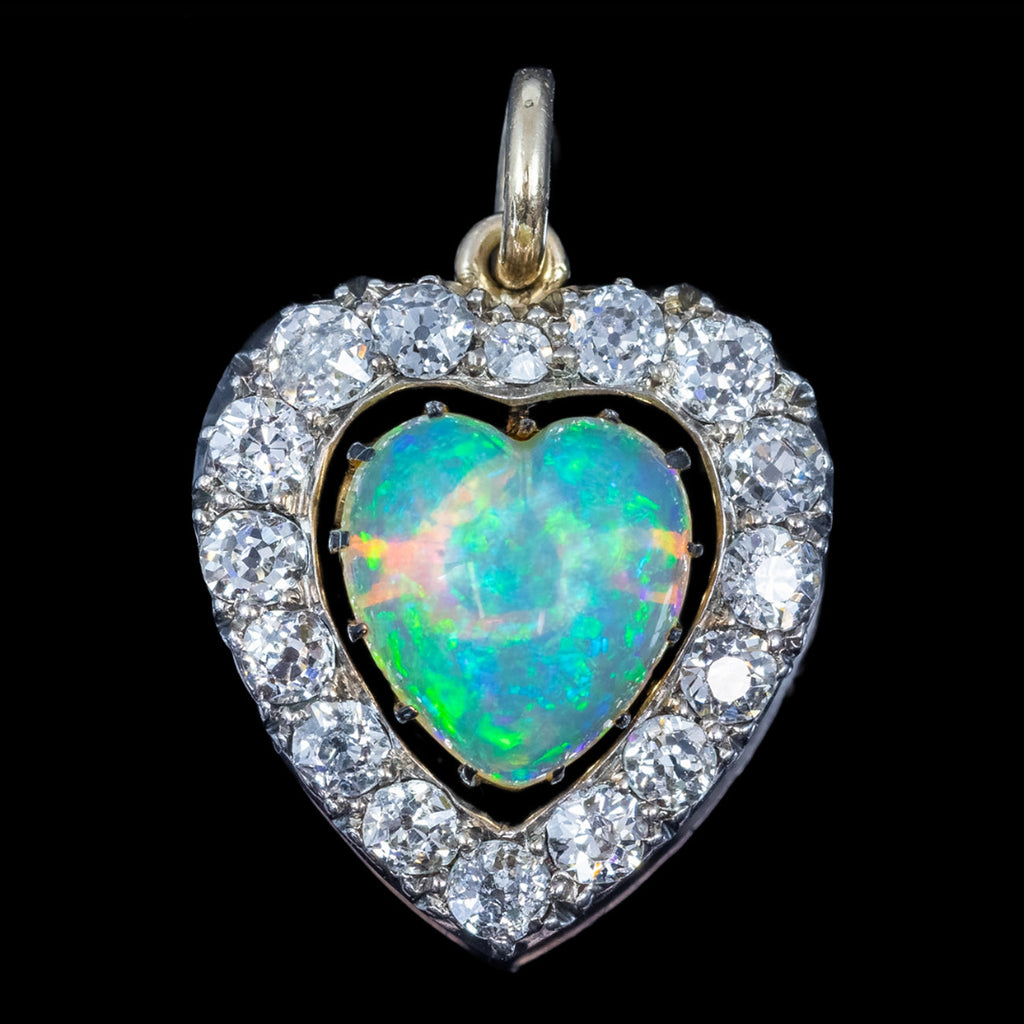 Antique Victorian Opal Diamond Heart Pendant 2ct Natural Opal