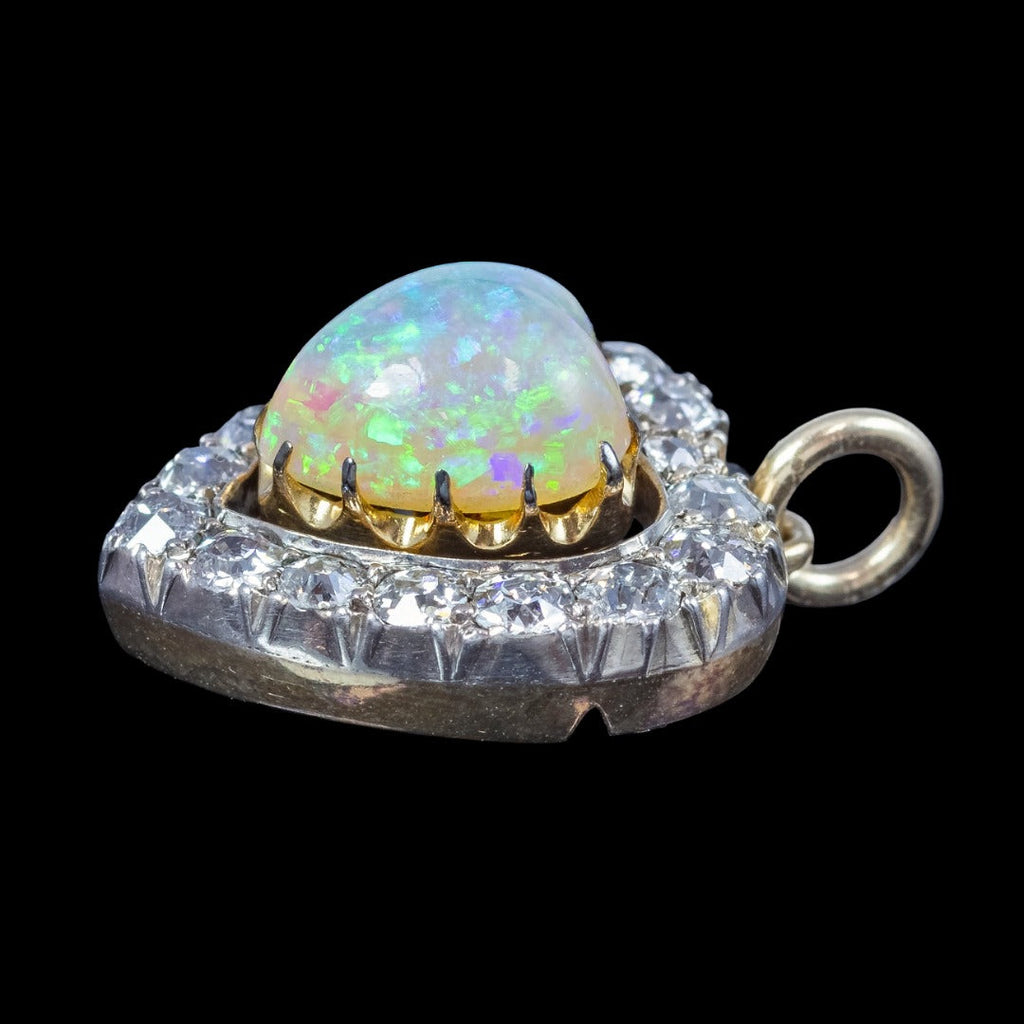 Antique Victorian Opal Diamond Heart Pendant 2ct Natural Opal