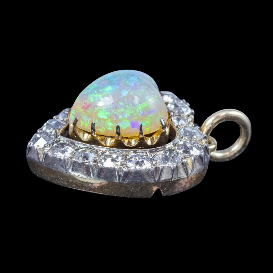 Antique Victorian Opal Diamond Heart Pendant 2ct Natural Opal