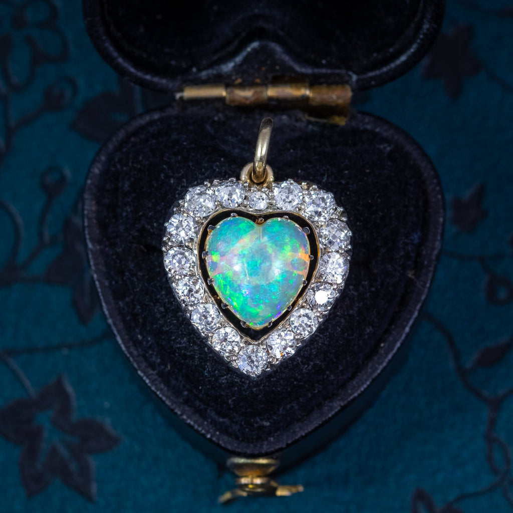 Antique Victorian Opal Diamond Heart Pendant 2ct Natural Opal