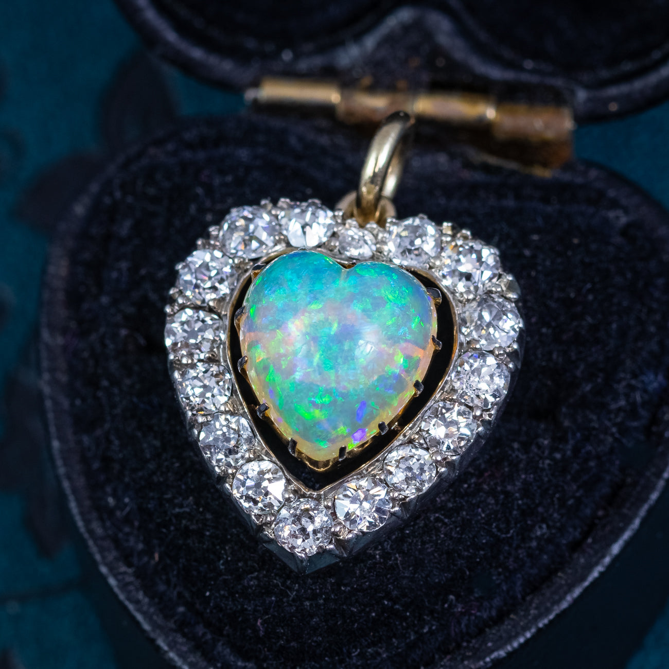Antique Victorian Opal Diamond Heart Pendant 2ct Natural Opal