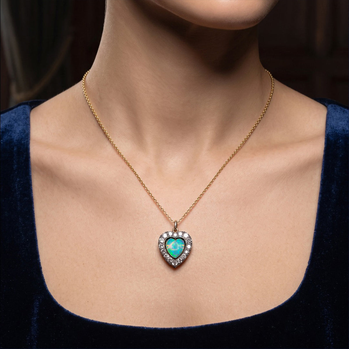 Antique Victorian Opal Diamond Heart Pendant 2ct Natural Opal