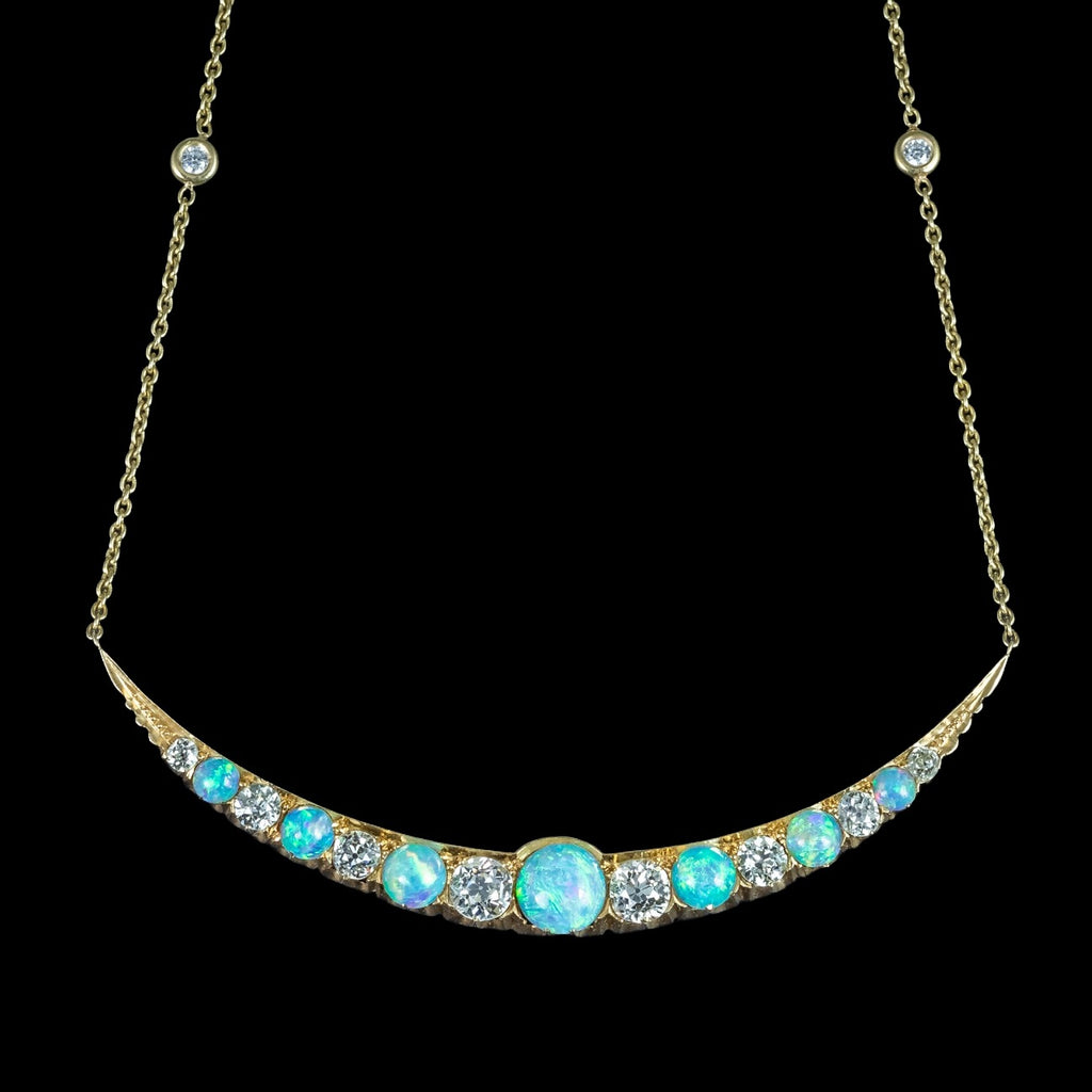 Antique Victorian Opal Diamond Necklace Crescent Moon 18ct Gold With Box
