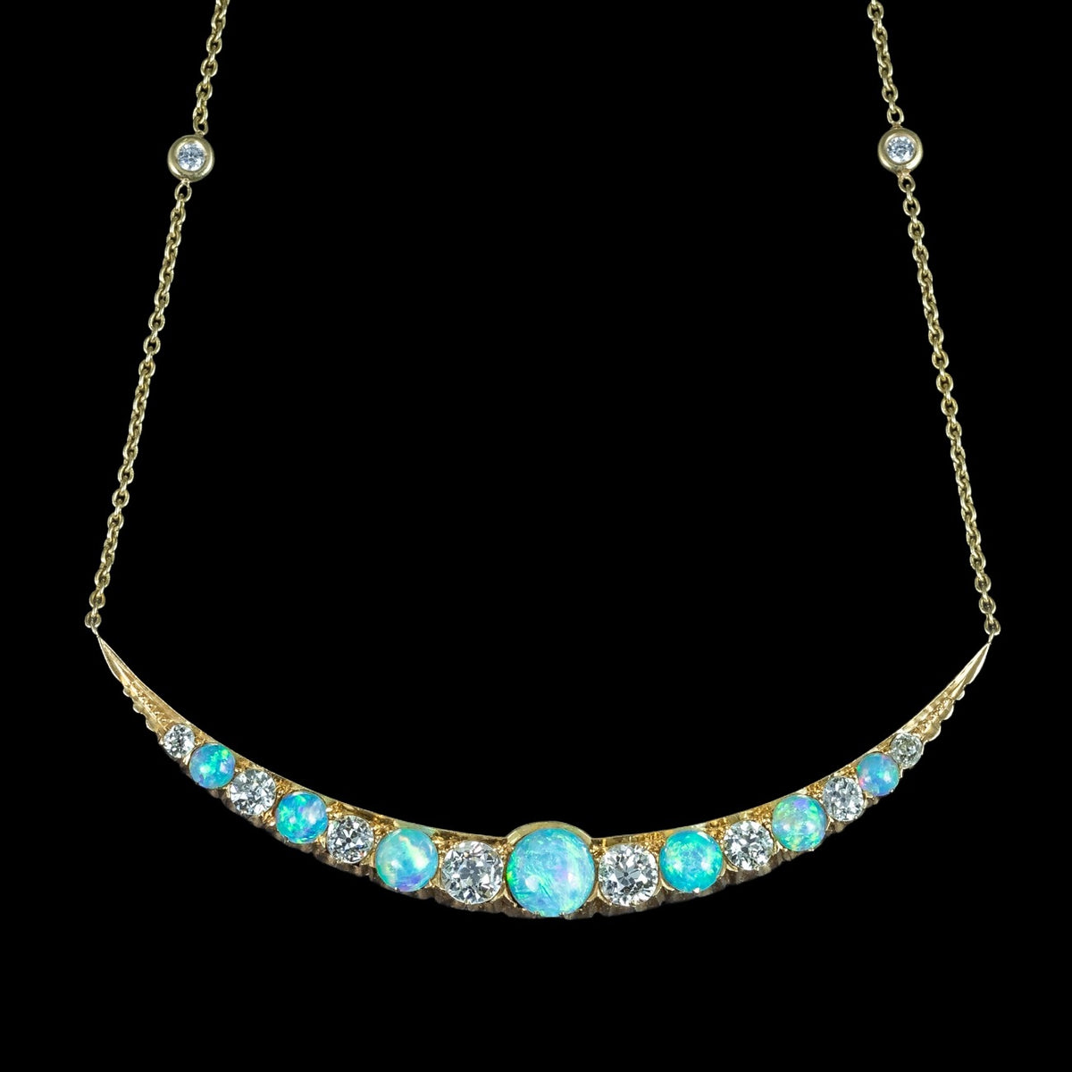 Antique Victorian Opal Diamond Necklace Crescent Moon 18ct Gold With Box