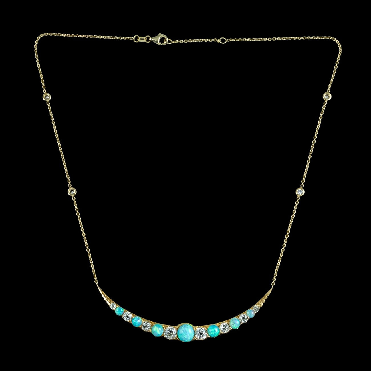 Antique Victorian Opal Diamond Necklace Crescent Moon 18ct Gold With Box