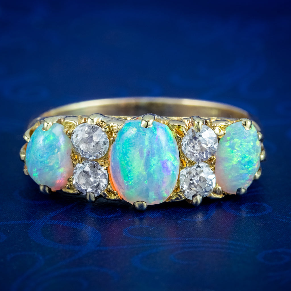 Antique Victorian Opal Diamond Ring 2ct Natural Opals