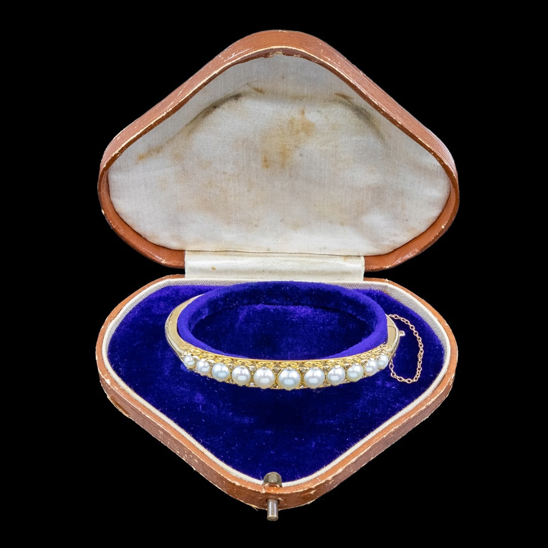 Antique Victorian Pearl Diamond Bangle 15ct Gold With Box