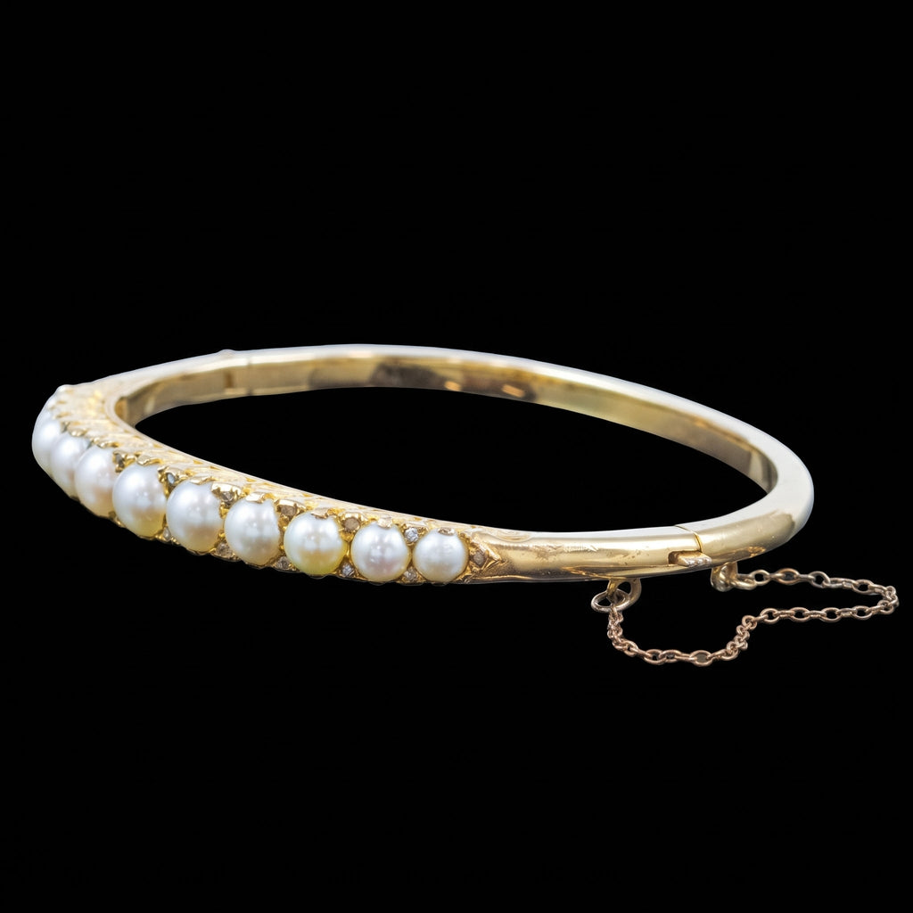 Antique Victorian Pearl Diamond Bangle 15ct Gold With Box