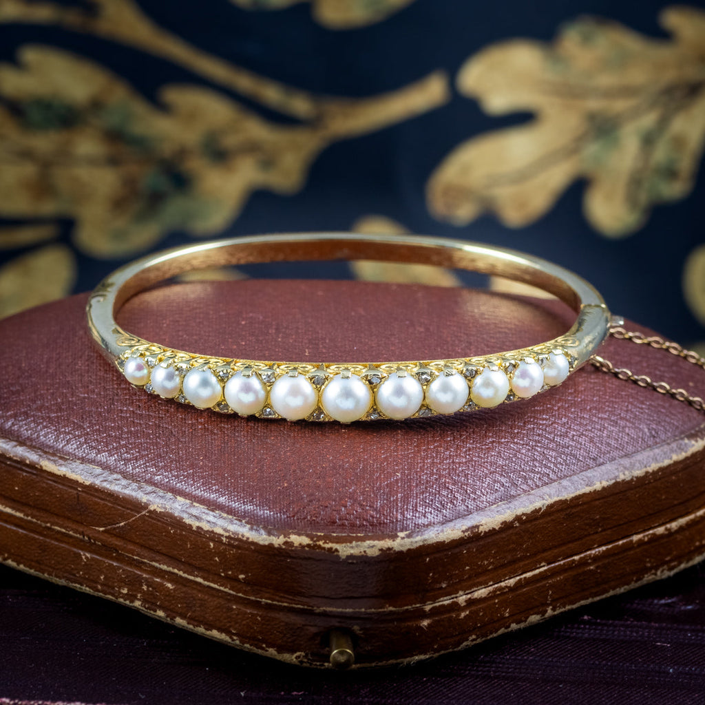 Antique Victorian Pearl Diamond Bangle 15ct Gold With Box