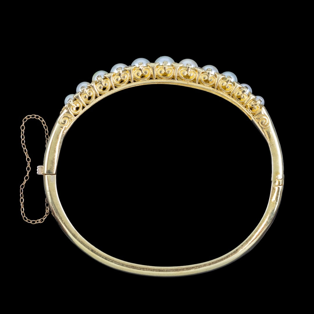 Antique Victorian Pearl Diamond Bangle 15ct Gold With Box