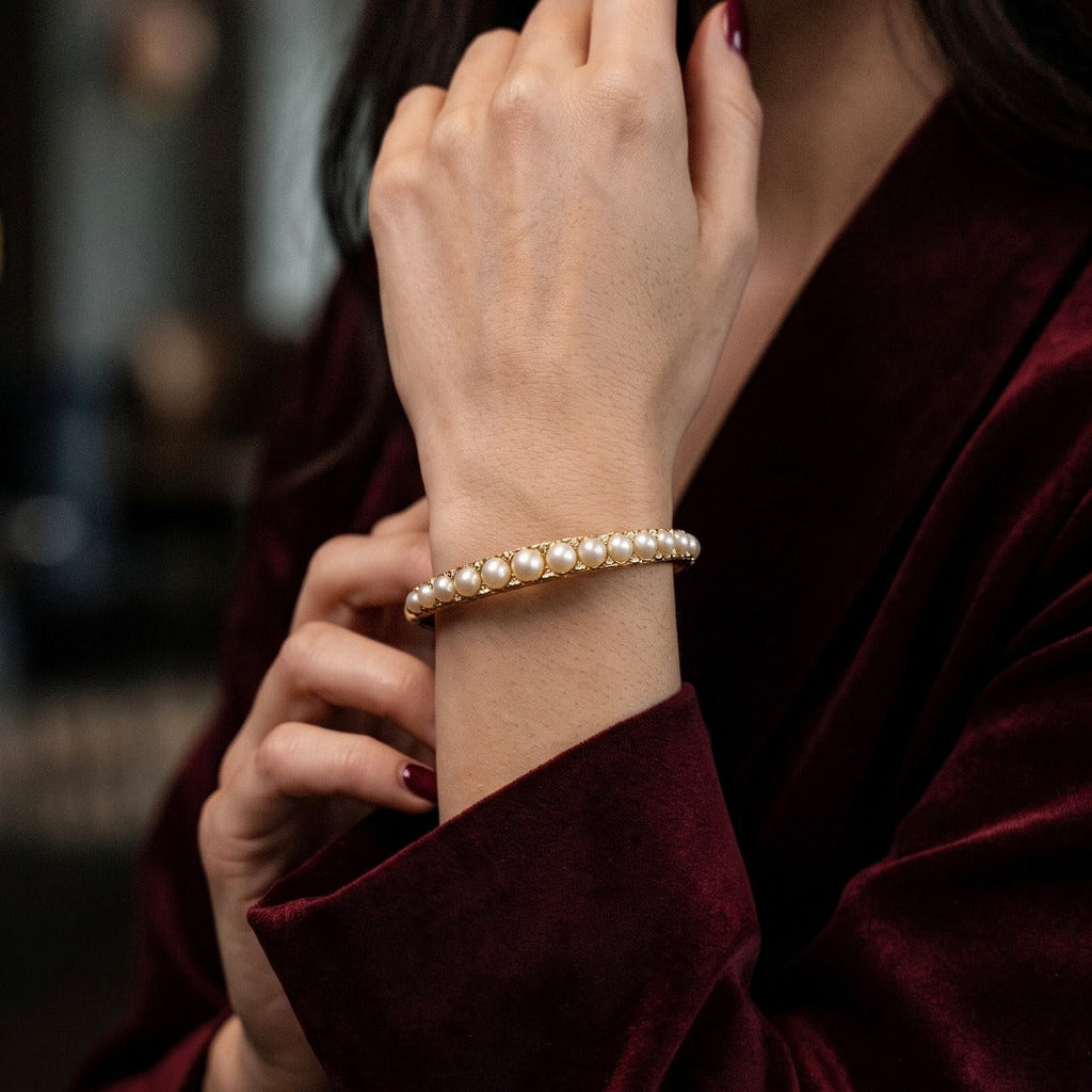 Antique Victorian Pearl Diamond Bangle 15ct Gold With Box