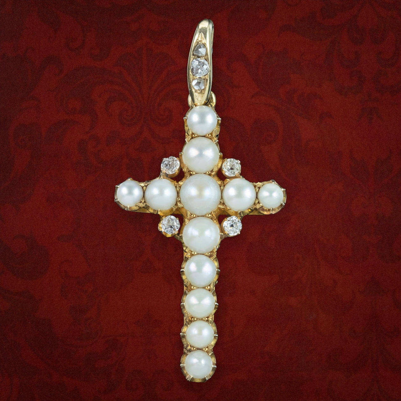 Antique Victorian Pearl Diamond Cross Pendant 18ct Gold With Box Main image