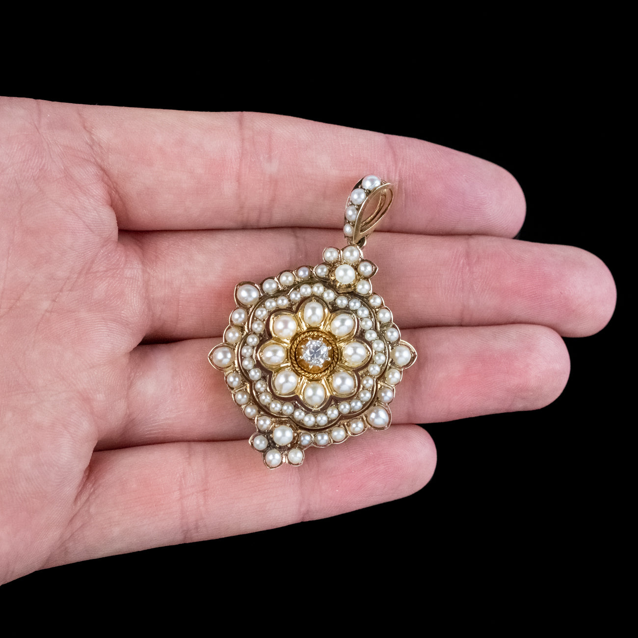 Antique Victorian Pearl Diamond Flower Pendant 18ct Gold 