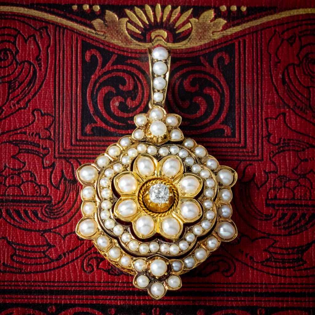 Antique Victorian Pearl Diamond Flower Pendant 18ct Gold 