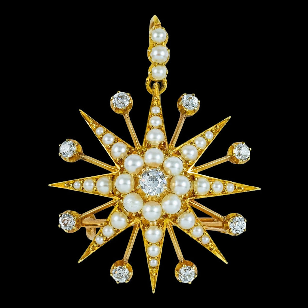 Antique Victorian Pearl Diamond Star Pendant Brooch 15ct Gold With Box