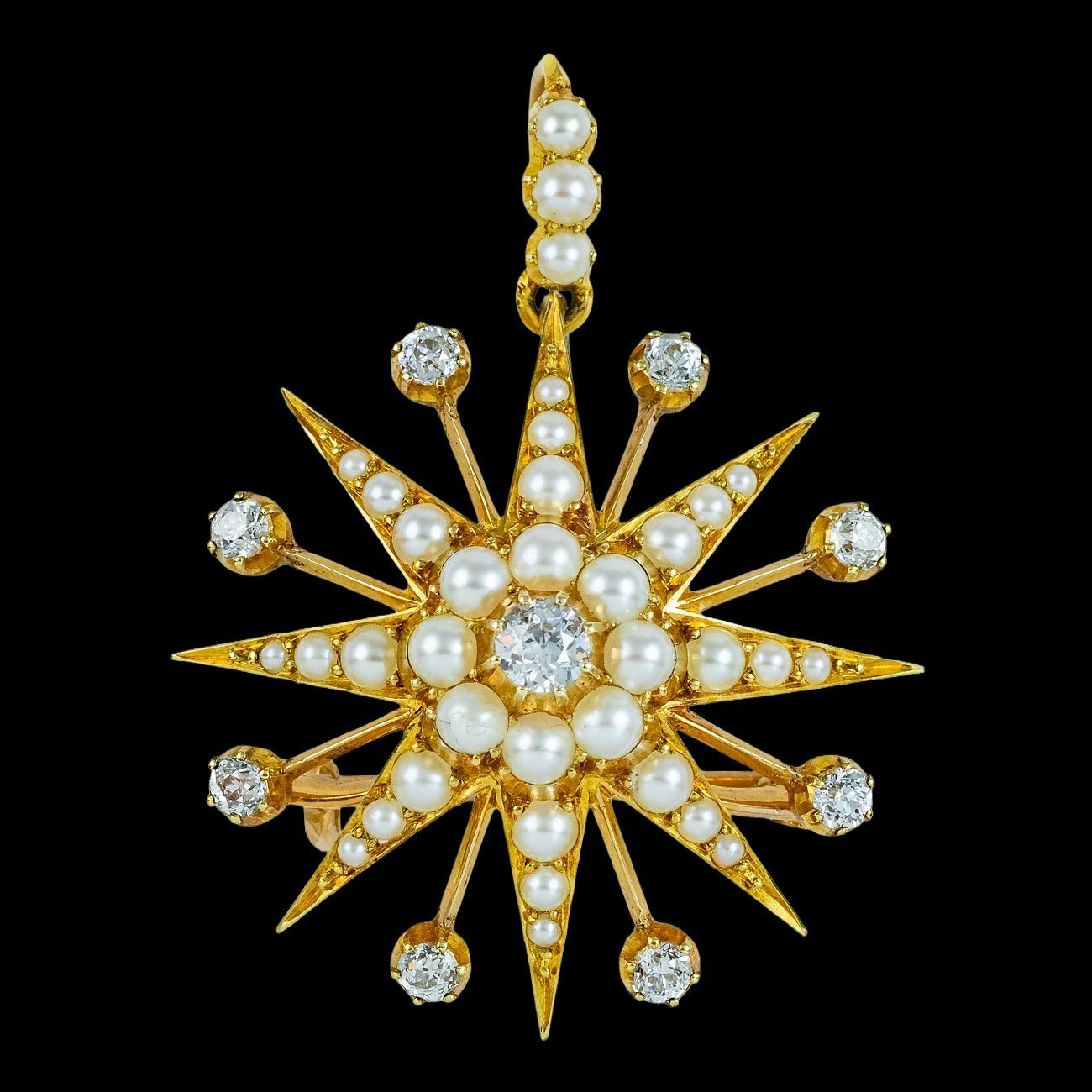 Antique Victorian Pearl Diamond Star Pendant Brooch 15ct Gold With Box
