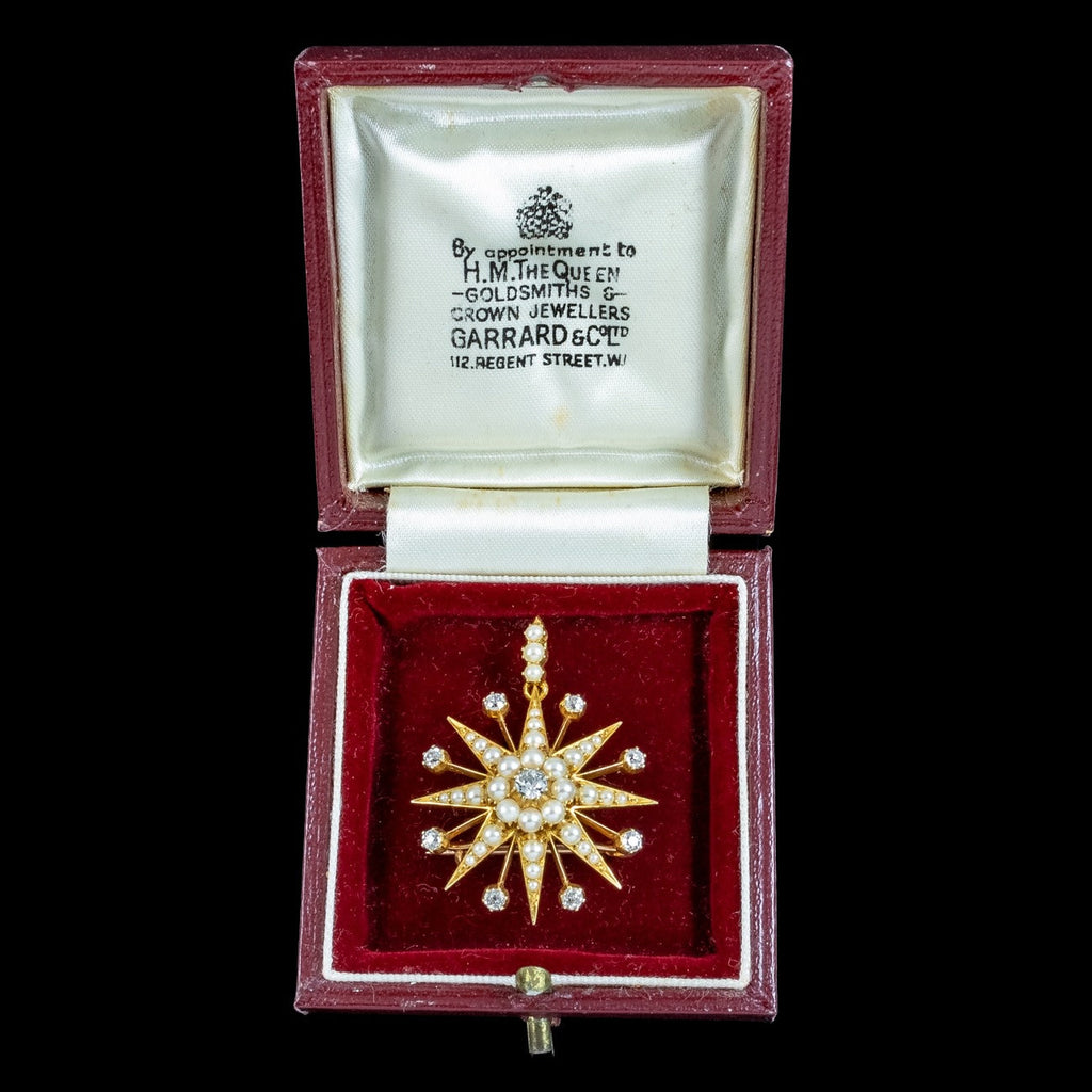 Antique Victorian Pearl Diamond Star Pendant Brooch 15ct Gold With Box
