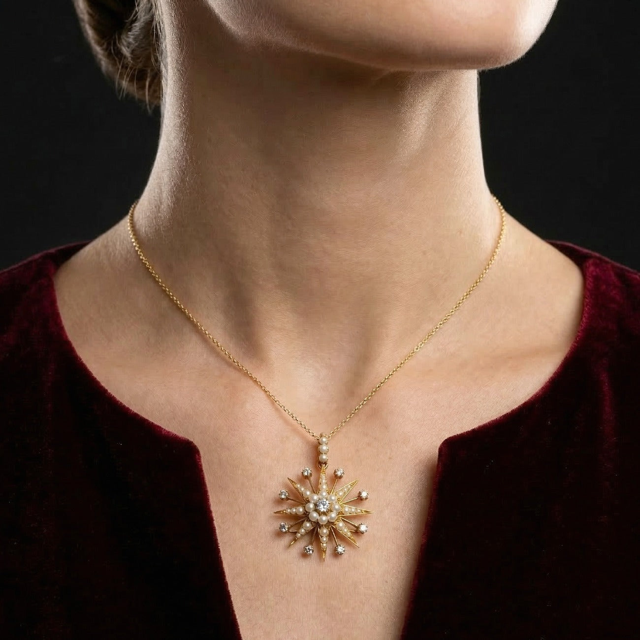 Antique Victorian Pearl Diamond Star Pendant Brooch 15ct Gold With Box Secondary image