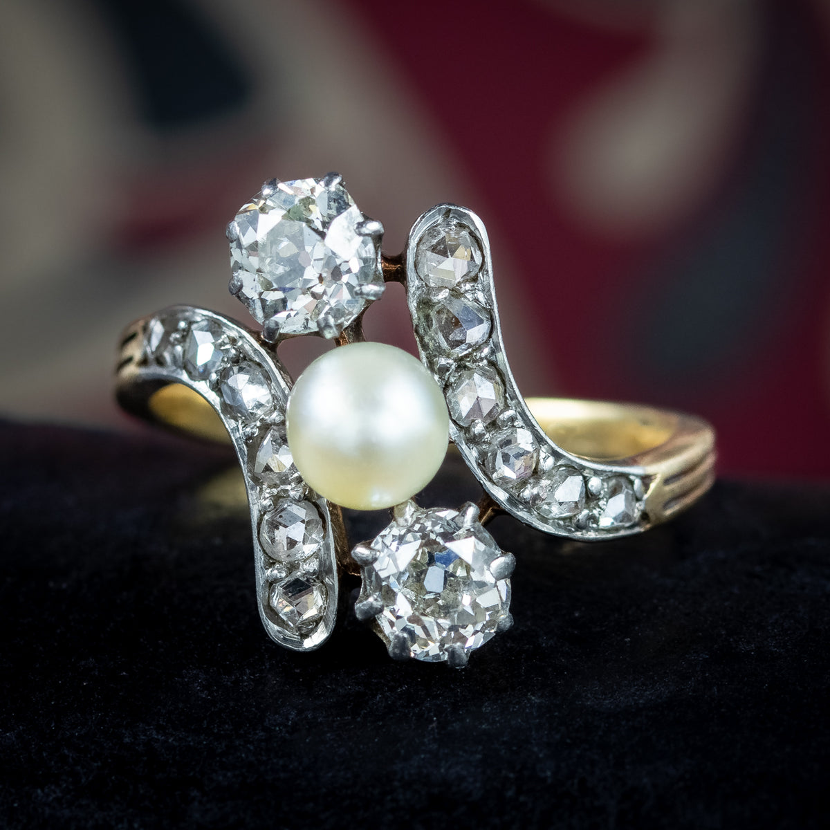 Antique Victorian Pearl Diamond Trilogy Twist Ring 1.8ct Of Diamond