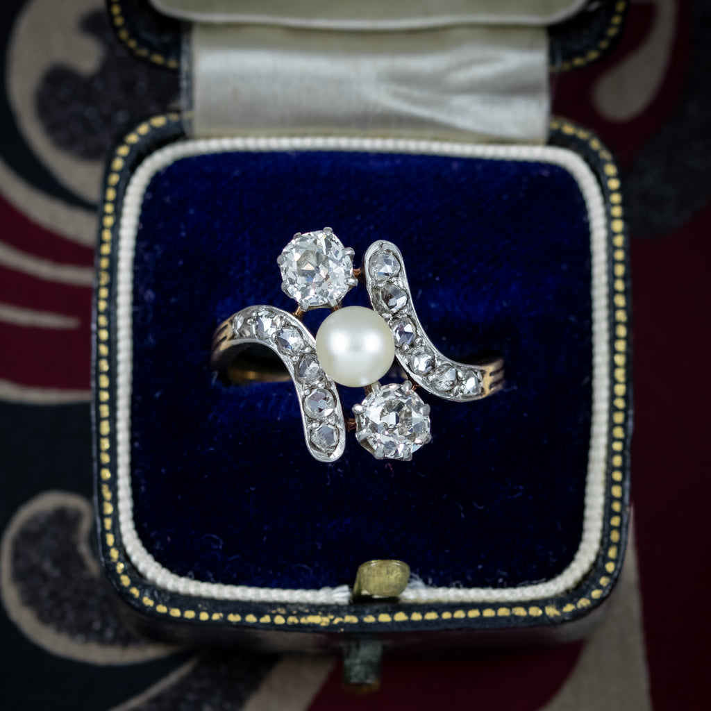 Antique Victorian Pearl Diamond Trilogy Twist Ring 1.8ct Of Diamond