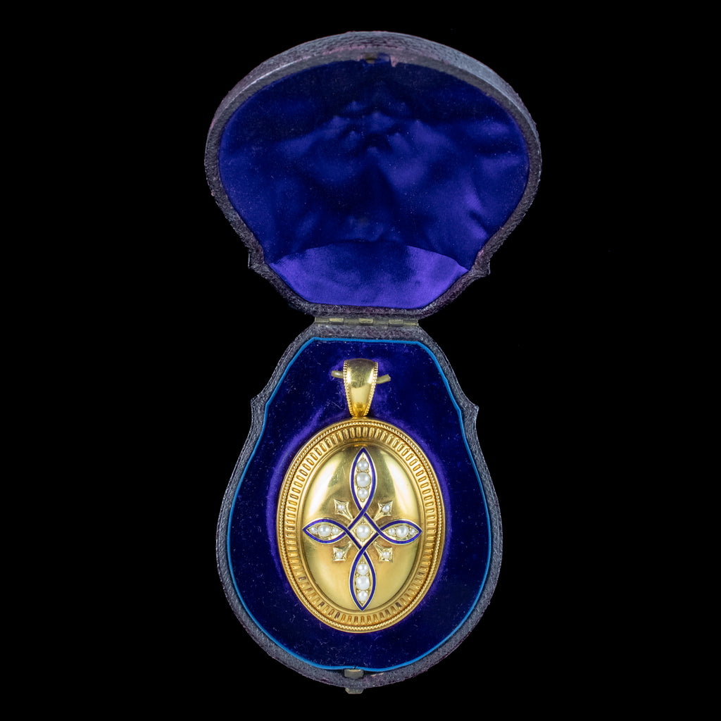 Antique Victorian Pearl Enamel Locket 18ct Gold With Box