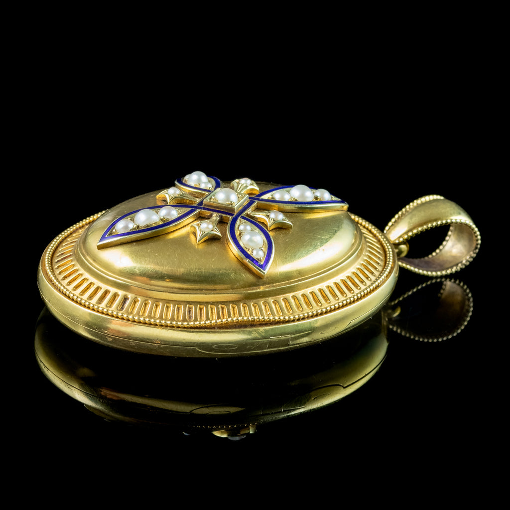 Antique Victorian Pearl Enamel Locket 18ct Gold With Box